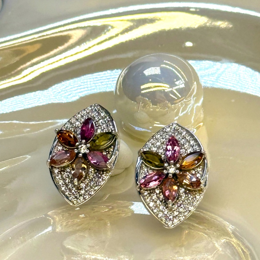 ETR1 1.8CT Natural Rainbow Tourmaline ART NOUVEAU Flower Earrings Rhodium S925